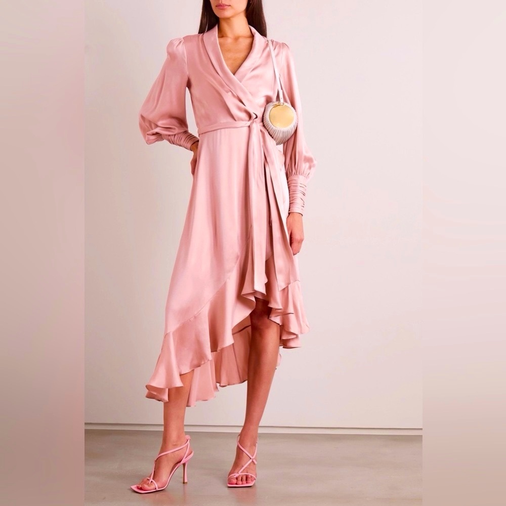 Zimmermann Silk Wrap Rose Pink Asymmetric Midi Dress AU3 or 8-12US